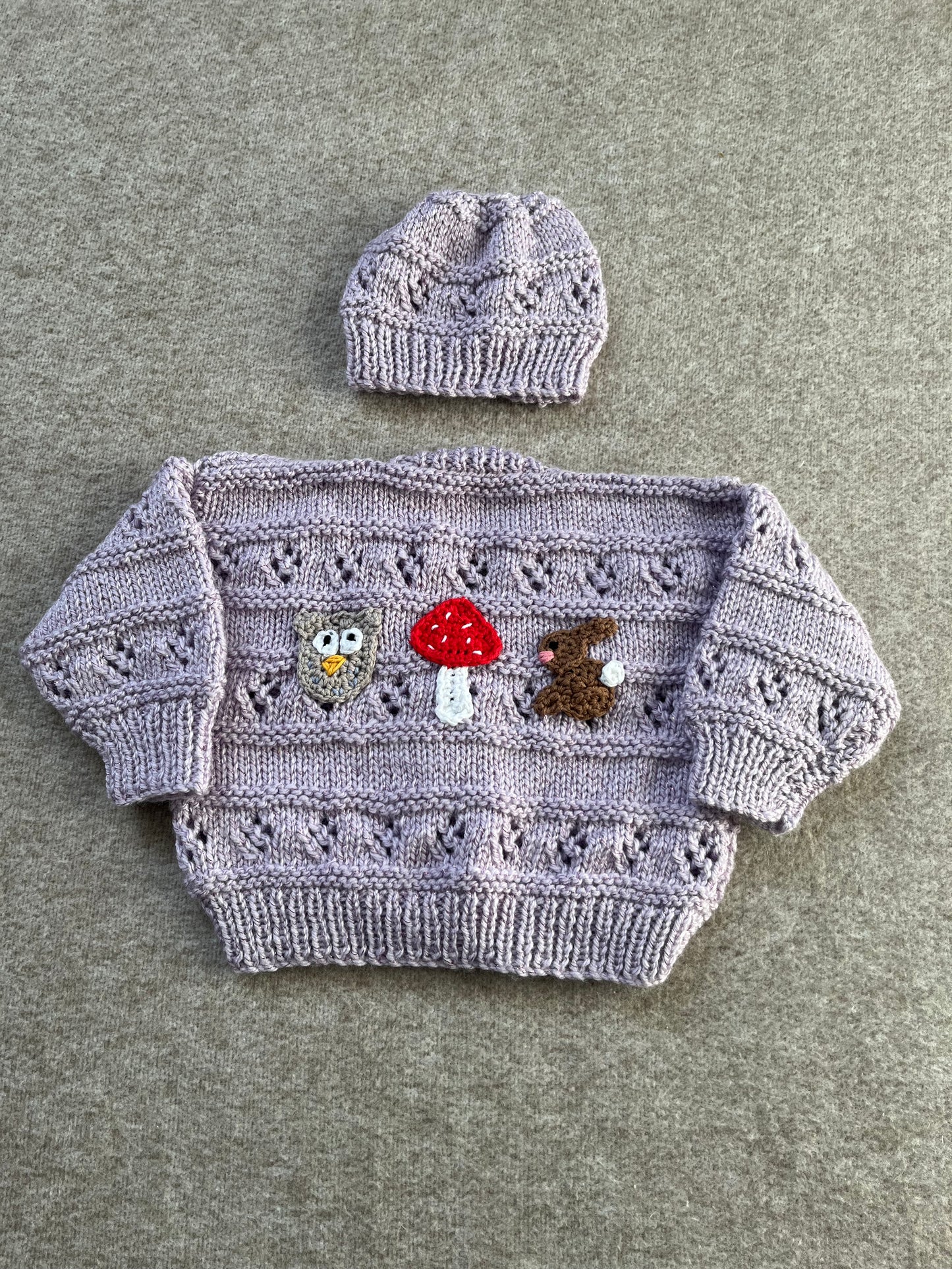 Size 0-3 Months, Glitter Lilac Cardigan & Hat Set, Woodland Cardigan, Hand knitted Baby Gift