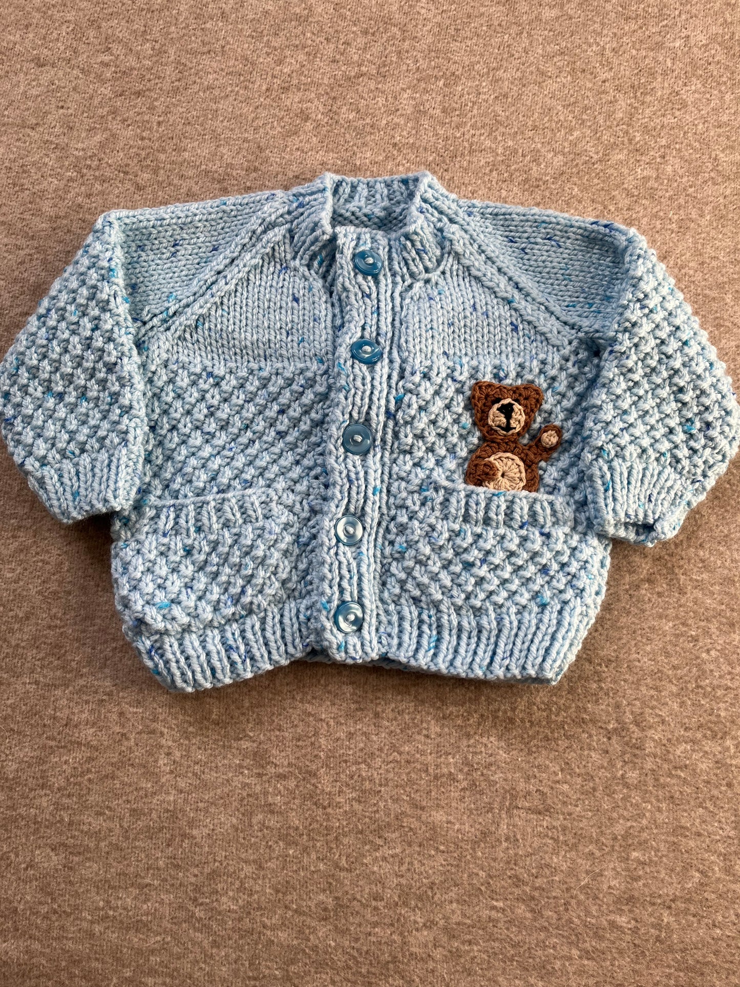 Size 6-12 Months, Blue Baby Bear Hand Knitted Cardigan, Bear In Pocket