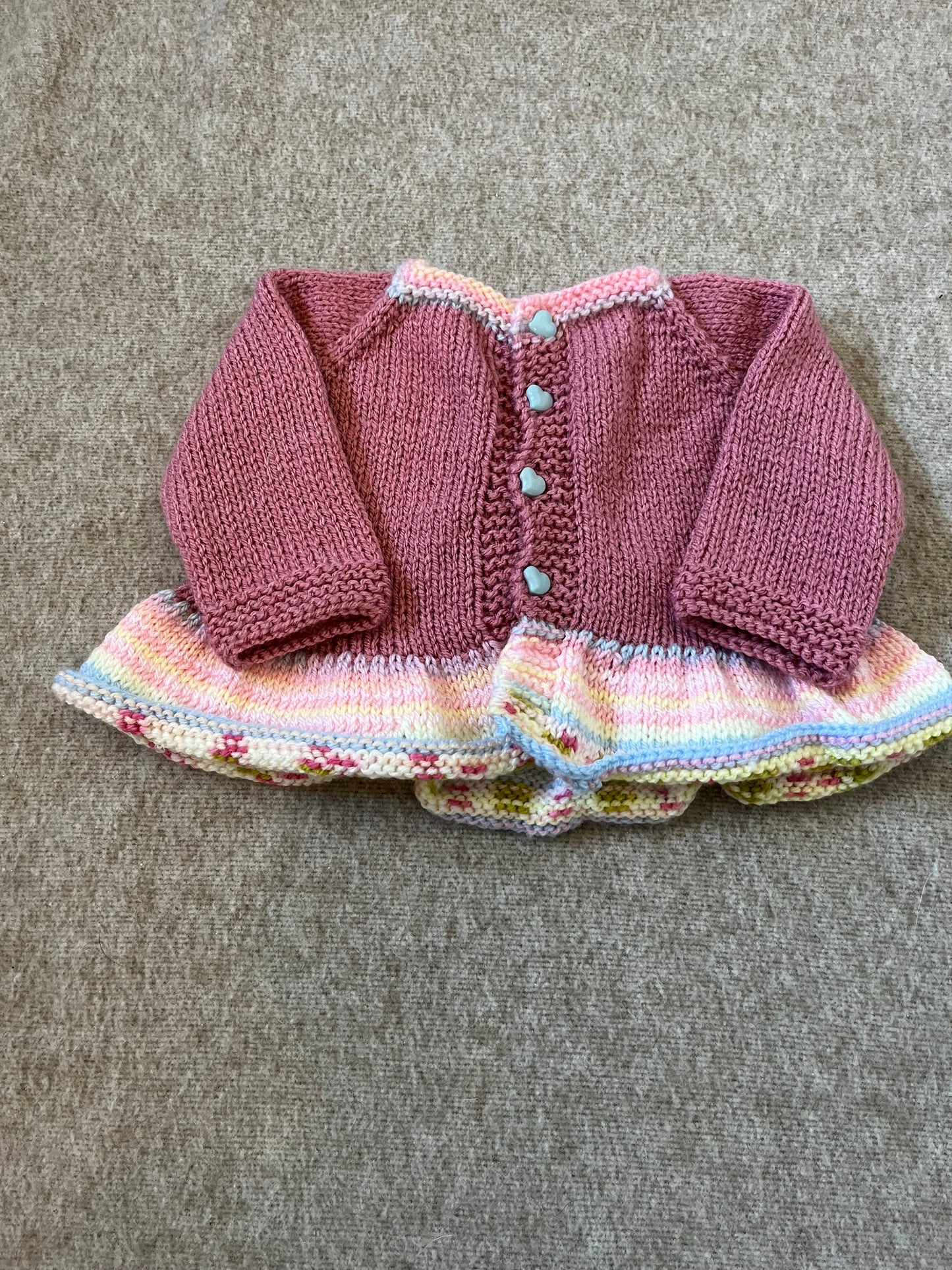 Size 0-3 Months, Hand Knitted Baby Bear with Flowers, Frill Cardigan