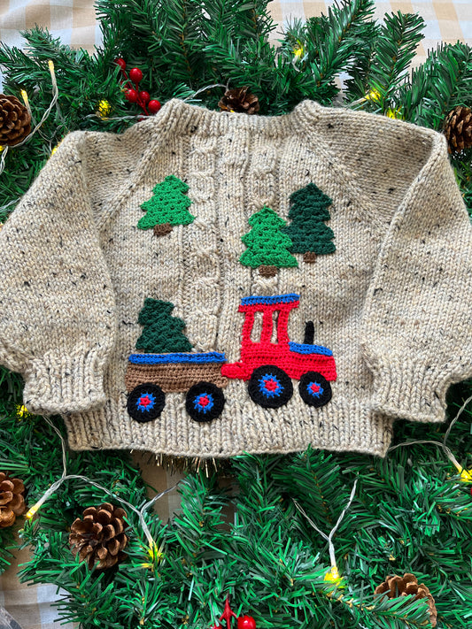 Size 2-4 Years, Rustic Tractor & Christmas Tree Beige Fleck Jumper