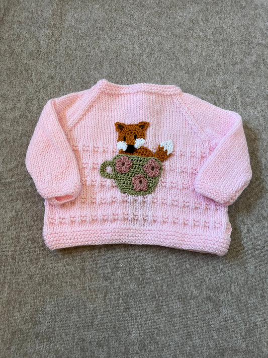 Size 0-3 Months, Baby Pink Hand Knitted Cardigan, Fox in a Tea Cup Cardigan, Baby Girl Gift