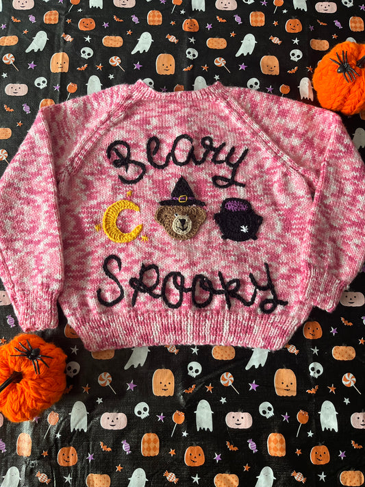 Size 3-4 Years, Beary Spooky, Pink Hand Knitted Cardi