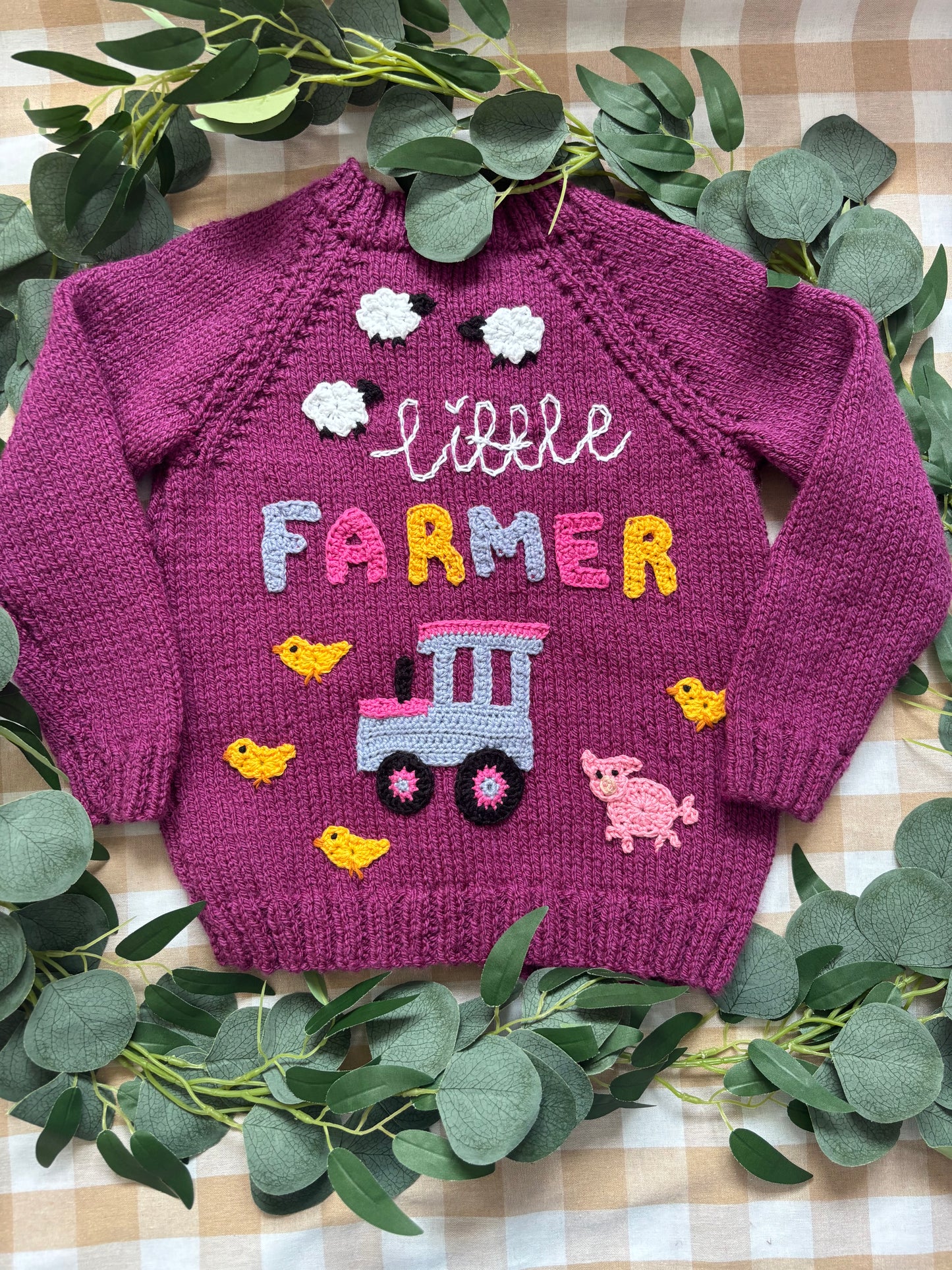 Size 4-5 years, Little Farmer, Purple Hand Knitted Cardi