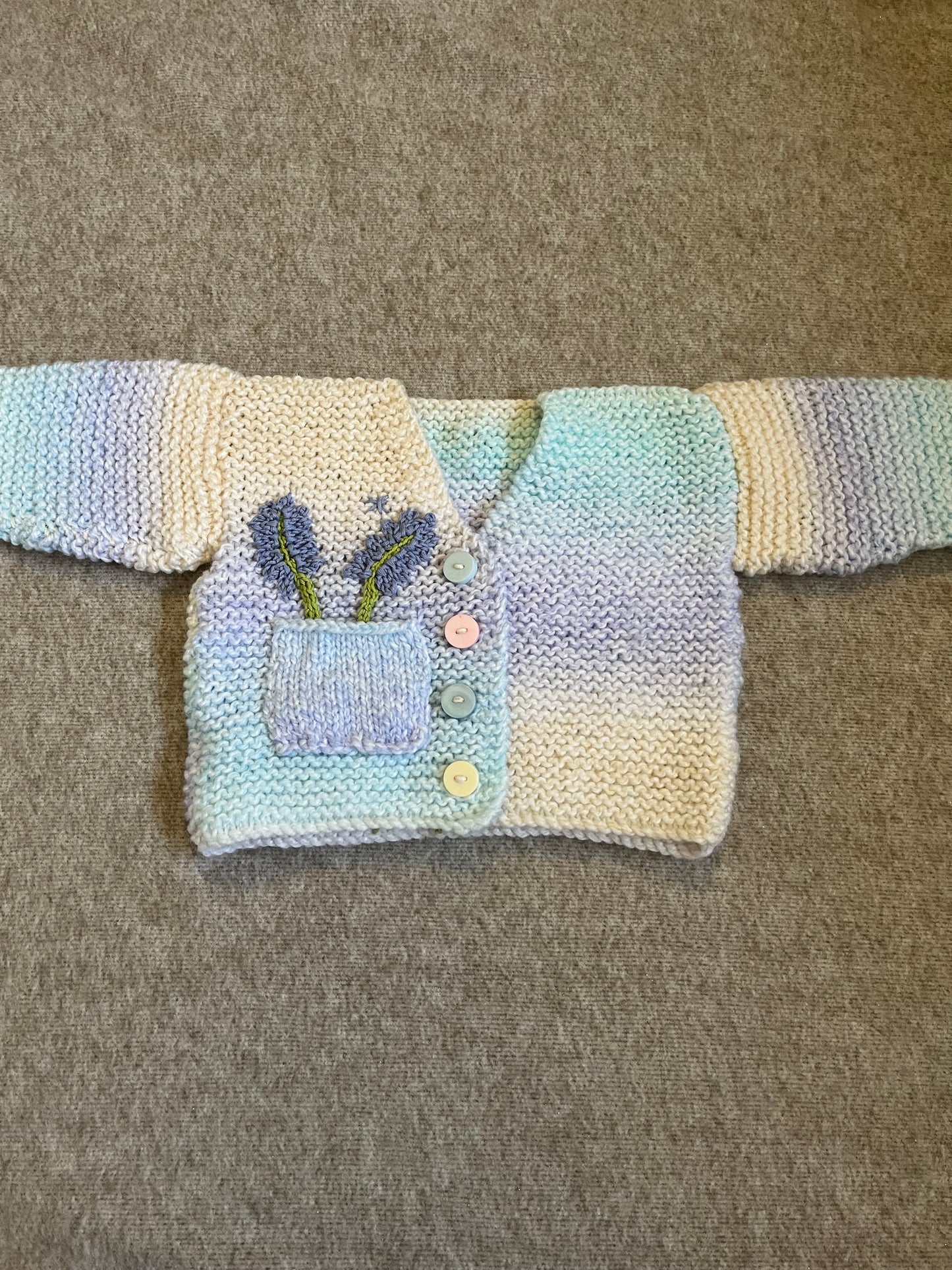 Size 0-3 Months, Bloom Lilac Patel Hand Knitted Baby Cardigan, Lavender Flower, Baby Girl Cardigan