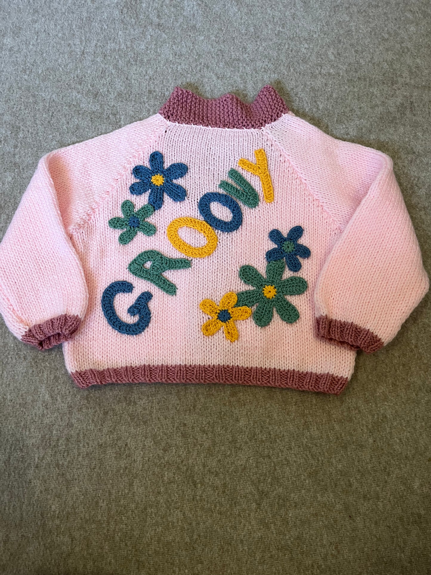 Size 2-3 Years, Groovy, Light Pink with a dusky pink boarder, Hand knitted, Retro Cardigan