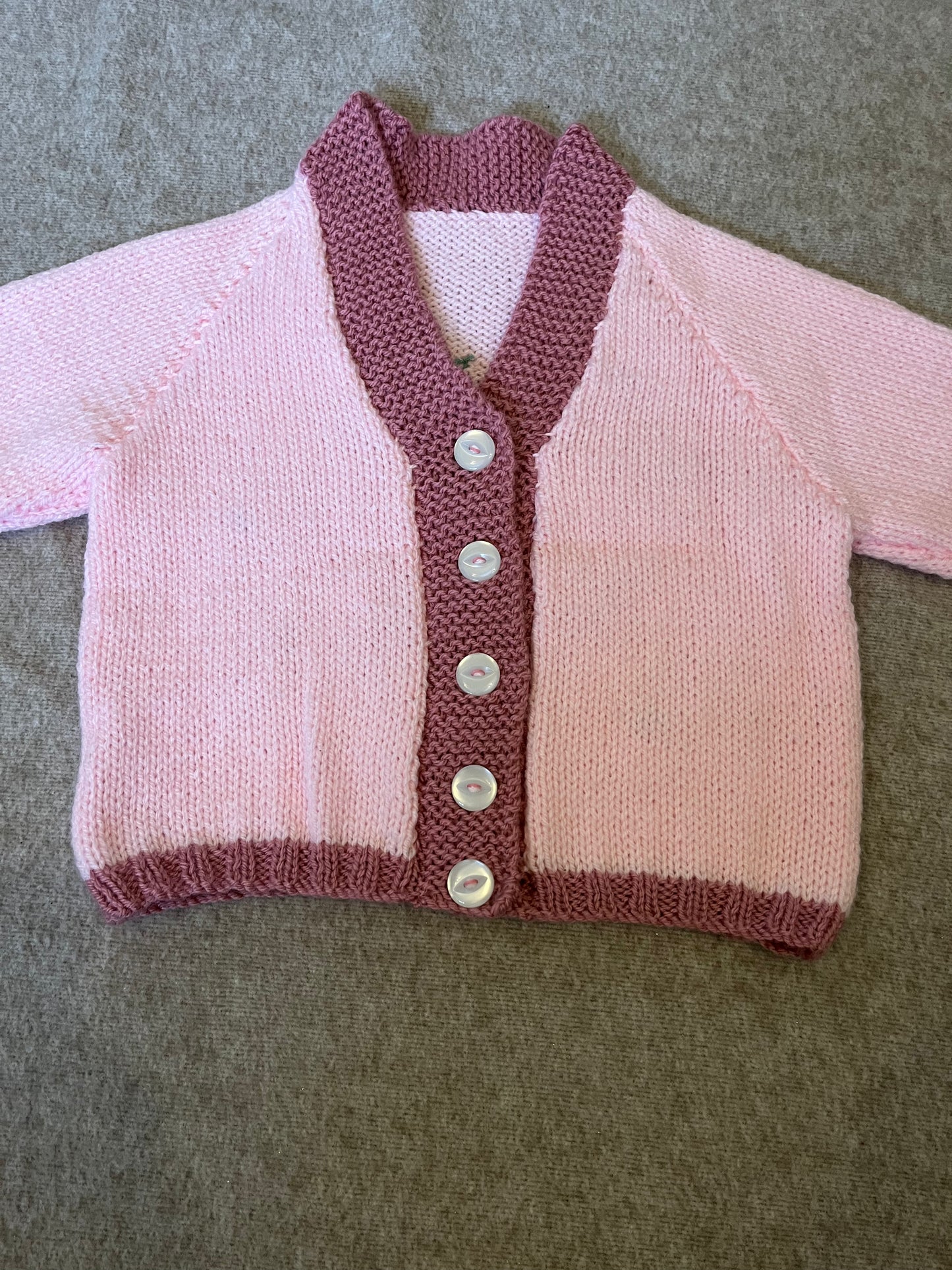 Size 2-3 Years, Groovy, Light Pink with a dusky pink boarder, Hand knitted, Retro Cardigan