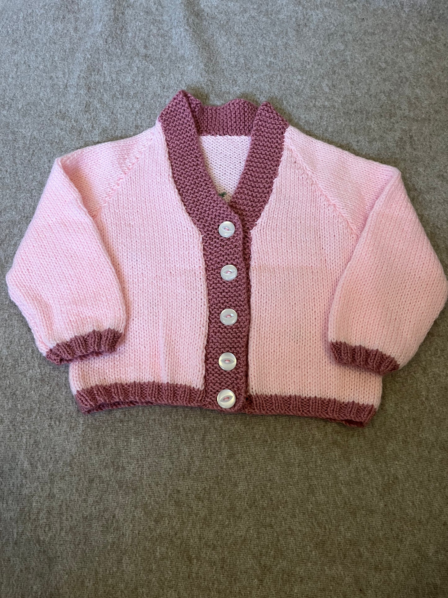 Size 2-3 Years, Groovy, Light Pink with a dusky pink boarder, Hand knitted, Retro Cardigan