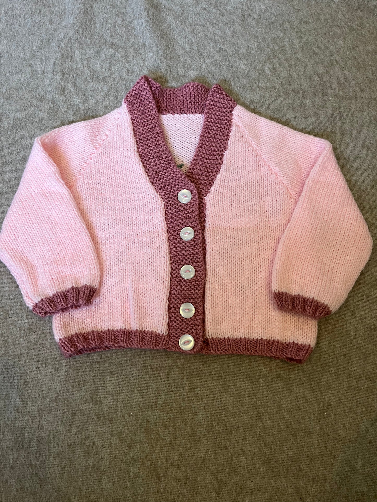 Size 2-3 Years, Groovy, Light Pink with a dusky pink boarder, Hand knitted, Retro Cardigan